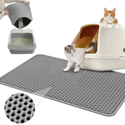 Afbeelding van kattenbakmat, 60 x 40 cm, waterdicht, dubbele laag, kattenmat, kattenbak, onderlegger, honingraatmat, kattenbak voor litercatcher, grijs, kattenbakmat
