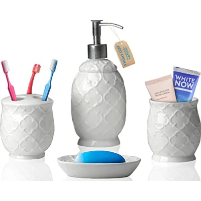 Afbeelding van Ontwerper 4 st. Badkameraccessoireset Keramische badkamerset met vloeibare zeep of lotiondispenser, tandenborstelhouder, beker en zeepbakje Decoratieve set reliëfdetails Make upaccessoire