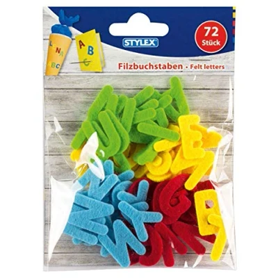 Afbeelding van Stylex 46458 letters van vilt, met de complete ABC, 72 stuks gesorteerd in verschillende kleuren, ideaal voor knutselwerk, als tafeldecoratie en eerste schooldag.