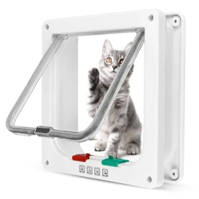 Afbeelding van Kattenklep, hondenklep, 19 x 20 5,5 cm, kattenklep binnendeur, kattendeur met 4 weg slot voor katten en kleine honden, eenvoudig te installeren muur, houten deur, Upvc bakstenen