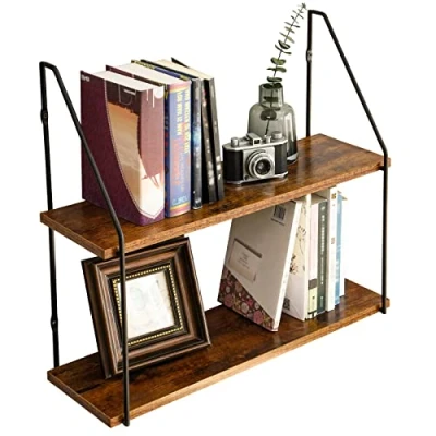 Afbeelding van IBUYKE Wandplanken, 60 x 20,5 53 cm, zwevend rek van hout en metaal, industriële stijl, 2 niveaus, stabiele wandhouder, voor woonkamer, badkamer, keuken, rustiek bruin RF TM011