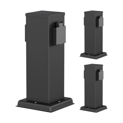 Afbeelding van ledscom.de 3 tuincontactdoos POLLY voor buiten, IP44, 2 weg, roestvrij staal, kunststof, zwart, hoekig, 27 cm