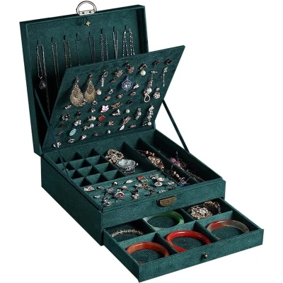 Afbeelding van Sieradenkistje voor dames, 3 lagen, grote sieraden organizer, opbergdoos oorbellen, halskettingen, ringen, armbanden, sieradenhouder, afsluitbaar sieradendoosje (marineblauw)