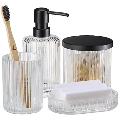 Afbeelding van Navaris glazen badkamer accessoires set Zeepdispenser zeepbakje beker en pot met deksel 4 delig Geribbeld glas Transparant/zwart