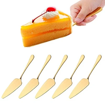 Afbeelding van taartschep van roestvrij staal, 5 stuks, goudkleurige taartschep, taartmes met gekartelde rand, voor bruiloft, pizzaschep keuken, feesten, vaatwasmachinebestendig