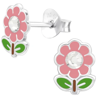 Afbeelding van JoyS Zilveren bloem oorbellen 6 x 8 mm roze bloemetje met kristal kinderoorbellen