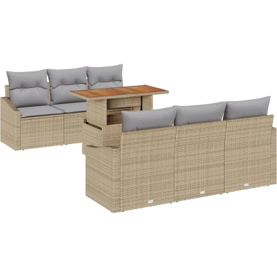 Afbeelding van vidaXL 7 delige Tuin Eetset met Kussens Beige Poly Rattan Acacia