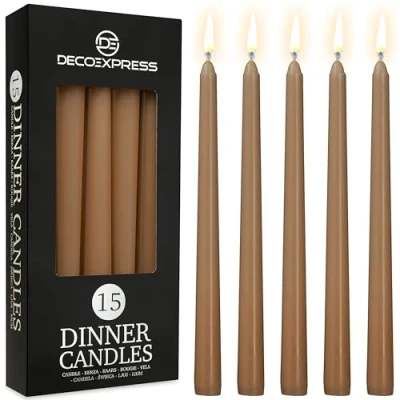 Afbeelding van DECO EXPRESS Kaarsen Set Klassieke Dripless Tapered Metallic Ongeparfumeerde 8H Brandtijd, Decoratieve Diner voor Restaurant Thuis Kerstmis (Bruin, 15 Pack)