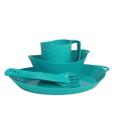 Afbeelding van Lifeventure Ellipse Herbruikbare 4 delige serviesset: mes/vork/lepel, bord, kom, mok voor kamperen, reizen en buiten groenblauw