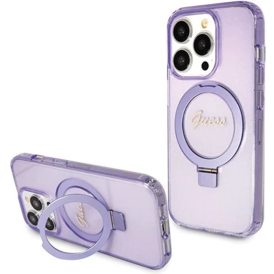 Afbeelding van Guess Ring Stand Script Glitter Back Cover hoesje met MagSafe voor Apple iPhone 13 Pro Max Paars