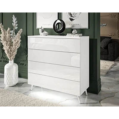 Afbeelding van lukmebel Aura Ladekast Push to Open Systeem Vier Kasten met LED 40x95x90cm 40kg Hoogglans Afwerking Wit Glans + Chroom 13cm Poten
