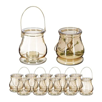 Afbeelding van Relaxdays windlicht set van 12, glas, theelichthouder voor binnen en buiten, met hengsel, HxØ: 10 x 8,5 cm, goud