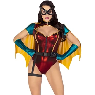 Afbeelding van Leg Avenue 5 PC Sultry Sidekick, includes shimmer zip up bodysuit, detachable cape, belt with attached garter, gloves, and face mask