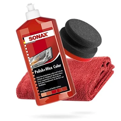 Afbeelding van detailmate SONAX Handpolijstbundel Polish+Wax Color rood 500ml handpolijstspons hard Ø90/50 mm Edgeless microvezel polijstdoek 550GSM