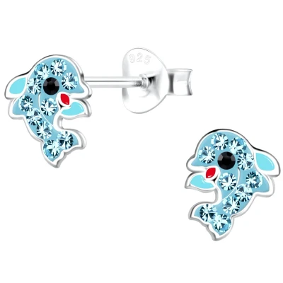 Afbeelding van JoyS Zilveren dolfijn oorbellen 6 x 8 mm blauw met kristal kinderoorbellen