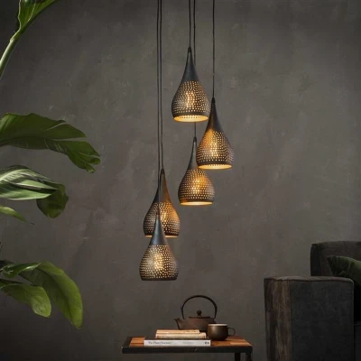Afbeelding van Hanglamp industrieel getrapt Aya 5 lichts zwart bruin