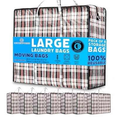 Afbeelding van Deco Express grote waszakken sterke duurzame opbergzakken voor verhuizing, winkelen en wasserij Jumbo herbruikbare opbergtas met ritssluiting, XXL multipack (8 stuks)
