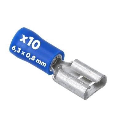 Afbeelding van 10 stuks Kalitec FHB638 platte stekkerdoos blauw 6,3x0,8 I 1,5 2,5mm² kabelconnector gedeeltelijk geïsoleerd messing voor voertuigen en industrie