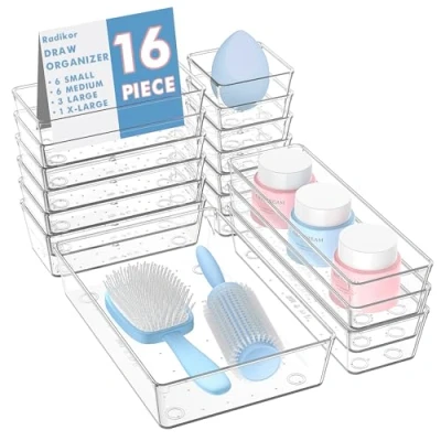 Afbeelding van Radikor Lade organizer, 16 stuks, transparante kunststof ladedozen in 4 maten, stapelbare ladeverdelers voor badkamer, keuken, make up