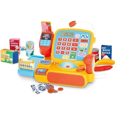 Afbeelding van Casdon Kassa. Speelgoedwinkelset met werkende rekenmachine, scanner, fantasiegeld, speelvoedsel en meer. Geschikt voor kleuterspeelgoed. Speelset kinderen vanaf 3 jaar, veelkleurig