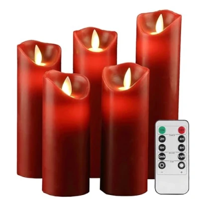 Afbeelding van Batterij Kaarsen,5.5&quot;/6&quot;/6.5&quot;/7&quot;/8&quot;Set van 5 Real Wax Not Plastic Pillars Inclusief Realistische Dancing LED Vlammen en 10 Key Afstandsbediening met 2/4/6/8 uur Timer Functie 200 Uours (5x1,Rood)