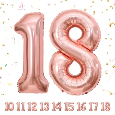Afbeelding van Ballonnen voor verjaardag van 18 jaar, roségoud, 101 cm, verjaardagsdecoratie een man en vrouw opblaasbaar cijfer folie, beige, jaar