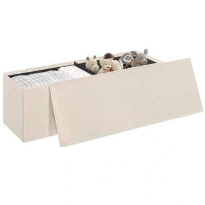 Afbeelding van eSituro Opbergbank, 2 zits opvouwbare zitbank, poef kruk, kist met afneembaar deksel, speelgoeddoos, voetensteun van fleece, beige, 110 x 38 cm