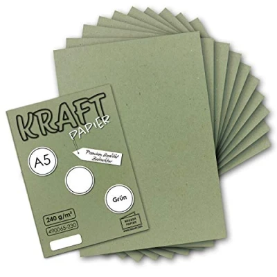 Afbeelding van Vintage kraftpapier in groen, DIN A5 (21 x 14,8 cm), duurzaam natuurgroen gerecycled papier, ecologisch knutselkarton, enkele kaart NEUSER PAPIER
