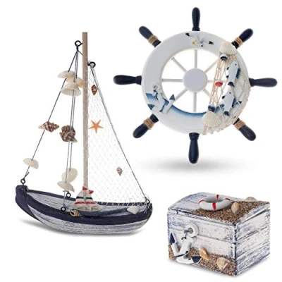 Afbeelding van Flanacom Maritieme badkamerdecoratie, set van 3 stuurwiel, zeilschip en schatkist hout liefdevol vormgegeven badkameraccessoires met details (design 2 2)