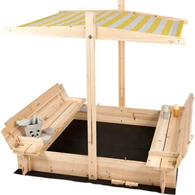 Afbeelding van needs&amp;wants® Kinderzandbak met deksel, dak, afdekking, Buddelkist bank en bevloering grondzeil, Vierkante houten zandbak, Afsluitbaar, Incl. zonwering &amp; zitjes, Zandbox tuinspeelgoed voor buiten, 120x120 cm, Hout, Geel Wit Bruin