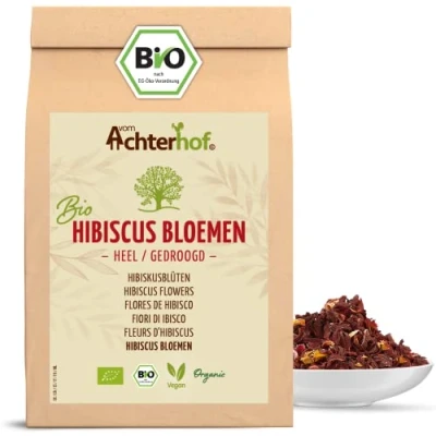 Afbeelding van hibiscus bloesems bio heel gedroogd 500g licht zuur fruitige smaak in biologische kwaliteit zoet aromatische thee ideaal voor salades, desserts, gebak, joguhrts vom Achterhof