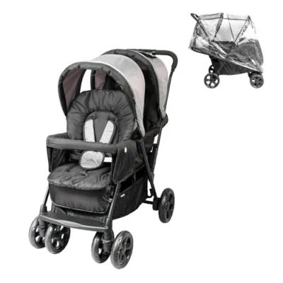 Afbeelding van Bambisol Tandem dubbele kinderwagen, regenbescherming, comfortstoelen (zwart/grijs)