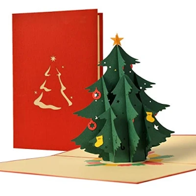 Afbeelding van Kerstkaart met Envelop, Originele Kwaliteit Elegant Handgemaakt, Kerstcadeaukaart 3D Pop Up Kerstboom Kerstballen, Wenskaarten voor Kerstmis W30, rood