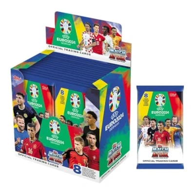 Afbeelding van Topps officiële EURO 2024 Match Attax Full Box 36 pakken (288 kaarten). Misschien vind jij wel een zeer zeldzame Cristiano Ronaldo Career Celebration in de lucky boxes.