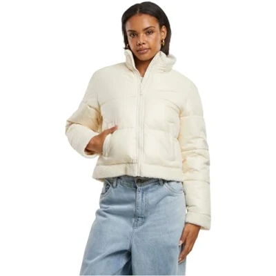 Afbeelding van Urban Classics Overgangsjas voor dames, gerecyclede glanzende sherpa jas, lichte bufferjas vrouwen, opstaande kraag, regular fit, wit zand/wit zand, L