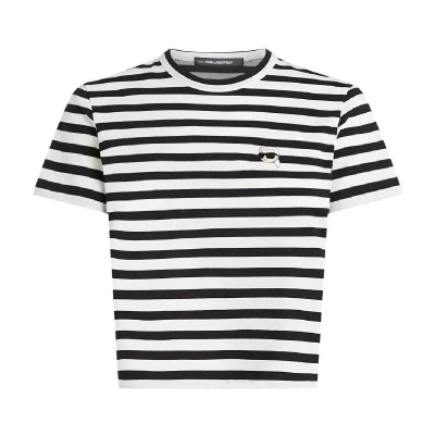 Afbeelding van KARL Lagerfeld IKON Stripe BOXY Tshirt print, Dames, Maat: Small, Black/cannoli cream