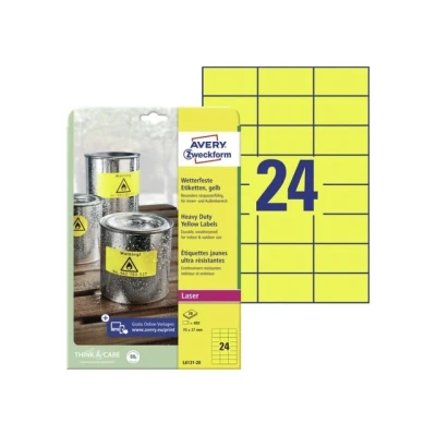 Afbeelding van Avery Zweckform L6131 20 folie etiketten 70 x 37 mm Polyester Geel 480 stuk(s) Permanent hechtend Laser (kleur), (zwart/wit), Kopiëren