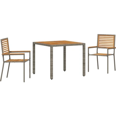 Afbeelding van vidaXL 3 delige Tuin Eetset Grijs Poly Rattan Acacia, Stapelbare Tuinstoelen met Kussens 2 stuks