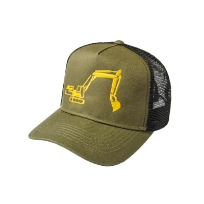 Afbeelding van Kids Trucker Cap : Graafmachine Basecap Cappy jongens muts werkkleding kinderen, olijfgroen zwart, One Size