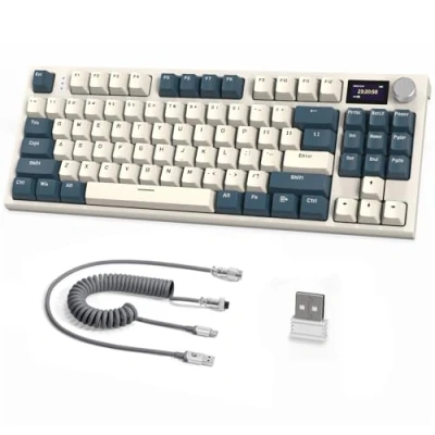 Afbeelding van RK86 Pro 75% Draadloos Mechanisch Toetsenbord, 2.4G/BT5.0/USB C Bedraad Tri mode Gamingtoetsenbord, TKL 87 Key QWERTY, 1,2&#039;&#039; TFT HD Kleurenscherm en Knob, RGB Backlit Hot Swap Linear Switch Wit