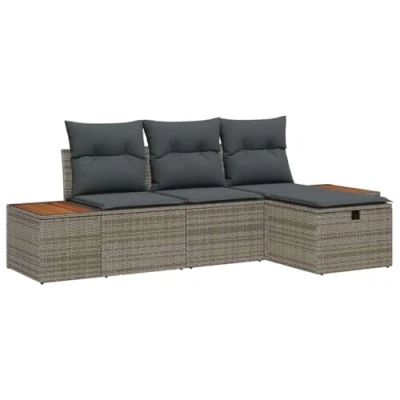 Afbeelding van vidaXL 4 delige tuinzetelset met kussens Grijs Poly Rattan