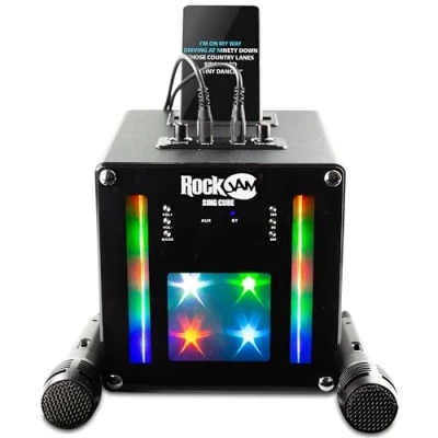 Afbeelding van RockJam Singcube 5 watt Bluetooth karaokemachine met dubbele microfoons, stemwijzigingseffecten en LED verlichting, zwart