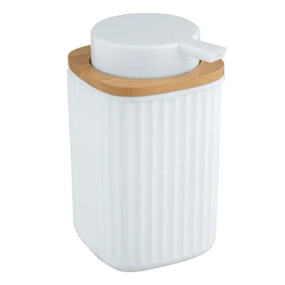 Afbeelding van WENKO Zeepdispenser Rotello, navulbare dispenser voor 250 ml vloeibare zeep, van hoogwaardig kunststof, met detail bamboe, ook geschikt afwasmiddel, 8,9 x 12,7 7,5 cm, wit/naturel