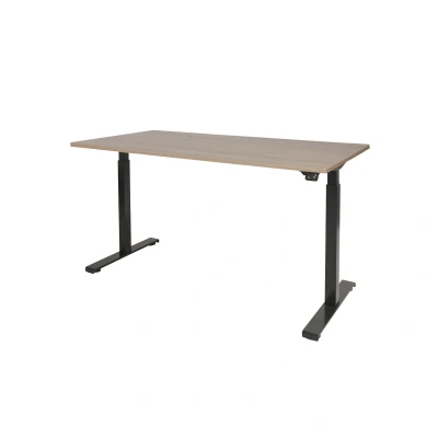 Afbeelding van Dextro basic zit/sta 140x80cm, electrisch hoogte verstelbare werkplek, T poot frame. Frame kleur zwart (RAL9005) en blad Havanna/Kersen Licht.