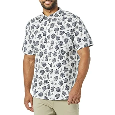 Afbeelding van Amazon Essentials Heren Slim Fit Poplin Shirt met korte mouwen, wit marineblauw palmboom, XX Large