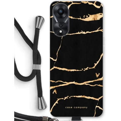 Afbeelding van Case Company® hoesje met Koord geschikt voor Oppo A58x Gouden marmer Telefoonhoesje Zwart Bescherming aan alle Kanten en Over de Schermrand