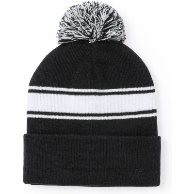 Afbeelding van Beanie muts wintermuts dames en heren zwart met witte streep pompon