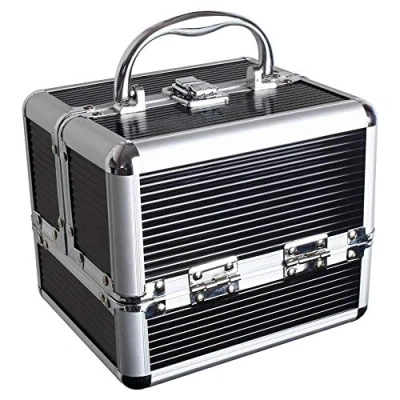 Afbeelding van iGadgitz Home kleine aluminium cosmeticakoffer, make upkoffer, beautycase, upbox 4 x uitklapbare vakken, groot bodemvak en draaggreep klein, zwart, Small