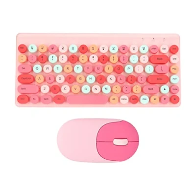 Afbeelding van Kleurrijke Toetsenbord en Muiscombinatie, 2.4G USB 86 toetsen Retro Ronde Schattige Keycap 1200DPI Draadloze Muisset voor Computer, Laptop, Pc desktops, Mac(Roze)