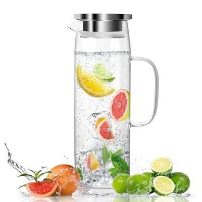Afbeelding van glazen karaf met deksel, 1,5 liter, waterkaraf van borosilicaatglas, hittebestendig voor koud of warm water, kan doe het zelf dranken, sap, thee, melk,